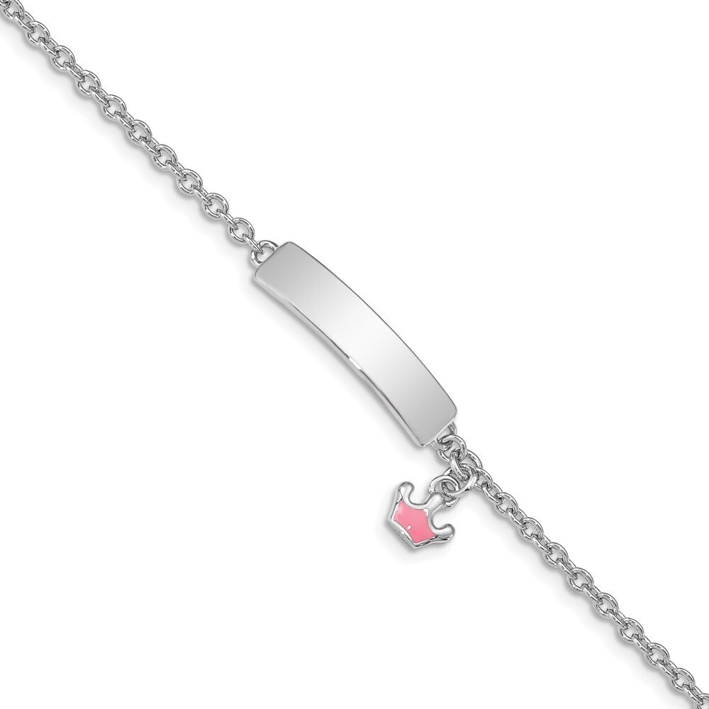 Kazi Luxury SS RH-plated Pink Enamel Crown w/ 1in Ext. Children's ID Bracelet